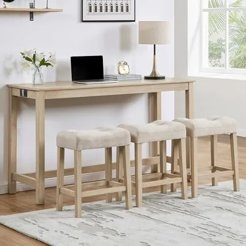 lktart bar table and chairs set of 4 bar height dining table set with power outlet and 3 padded stools industrial breakfast table set for living room small space light oak